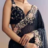 Midnight Blue Half And Half Saree With Floral Sequin Embroidery