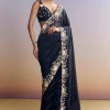 Midnight Blue Half And Half Saree With Floral Sequin Embroidery