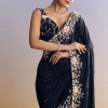Midnight Blue Half And Half Saree With Floral Sequin Embroidery