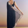 Midnight Blue Half And Half Saree With Floral Sequin Embroidery