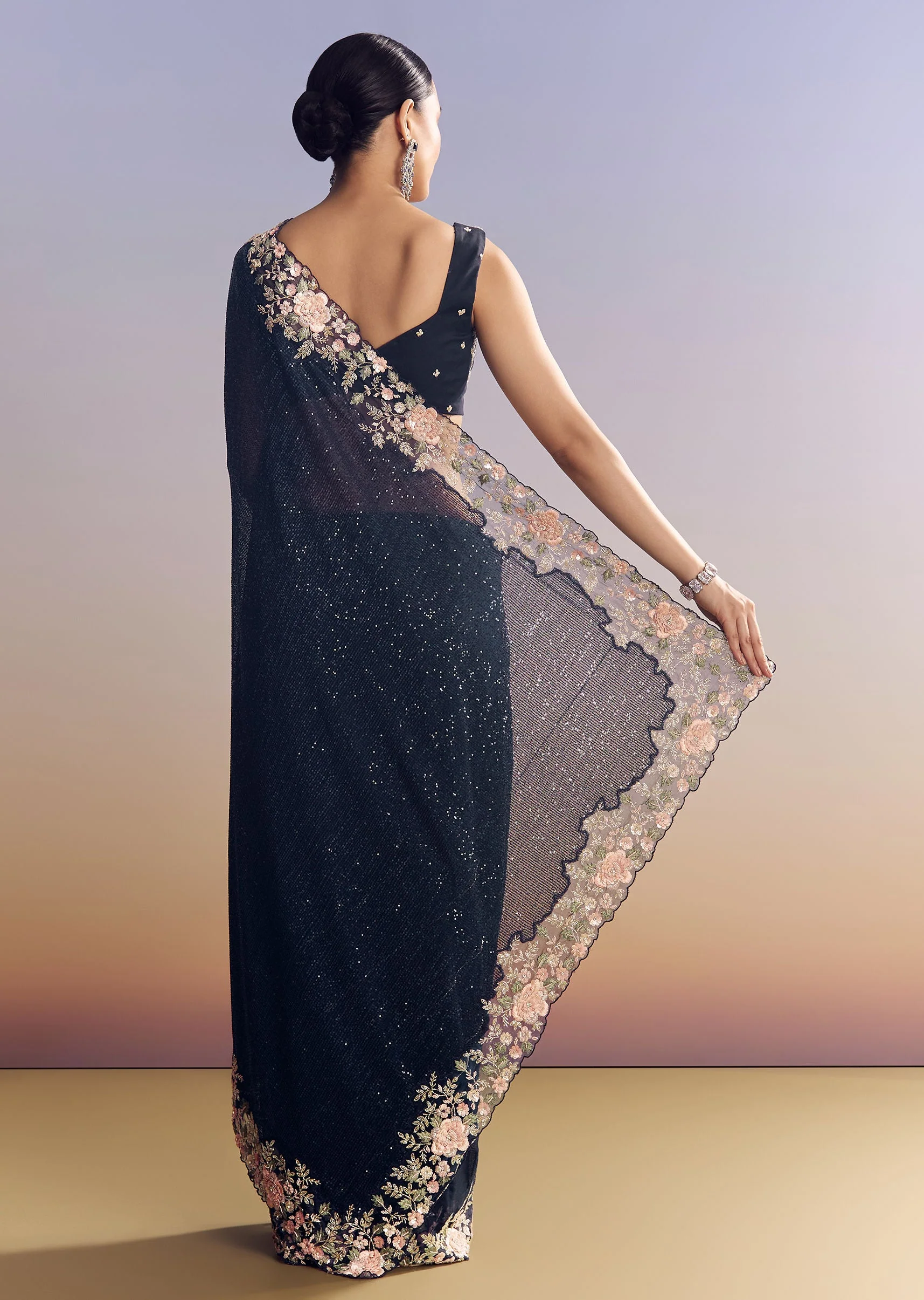 Midnight Blue Half And Half Saree With Floral Sequin Embroidery