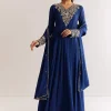 Navy Blue Chinon Anarkali Set With Cutdana Moti And Gotta Lace Dupatta