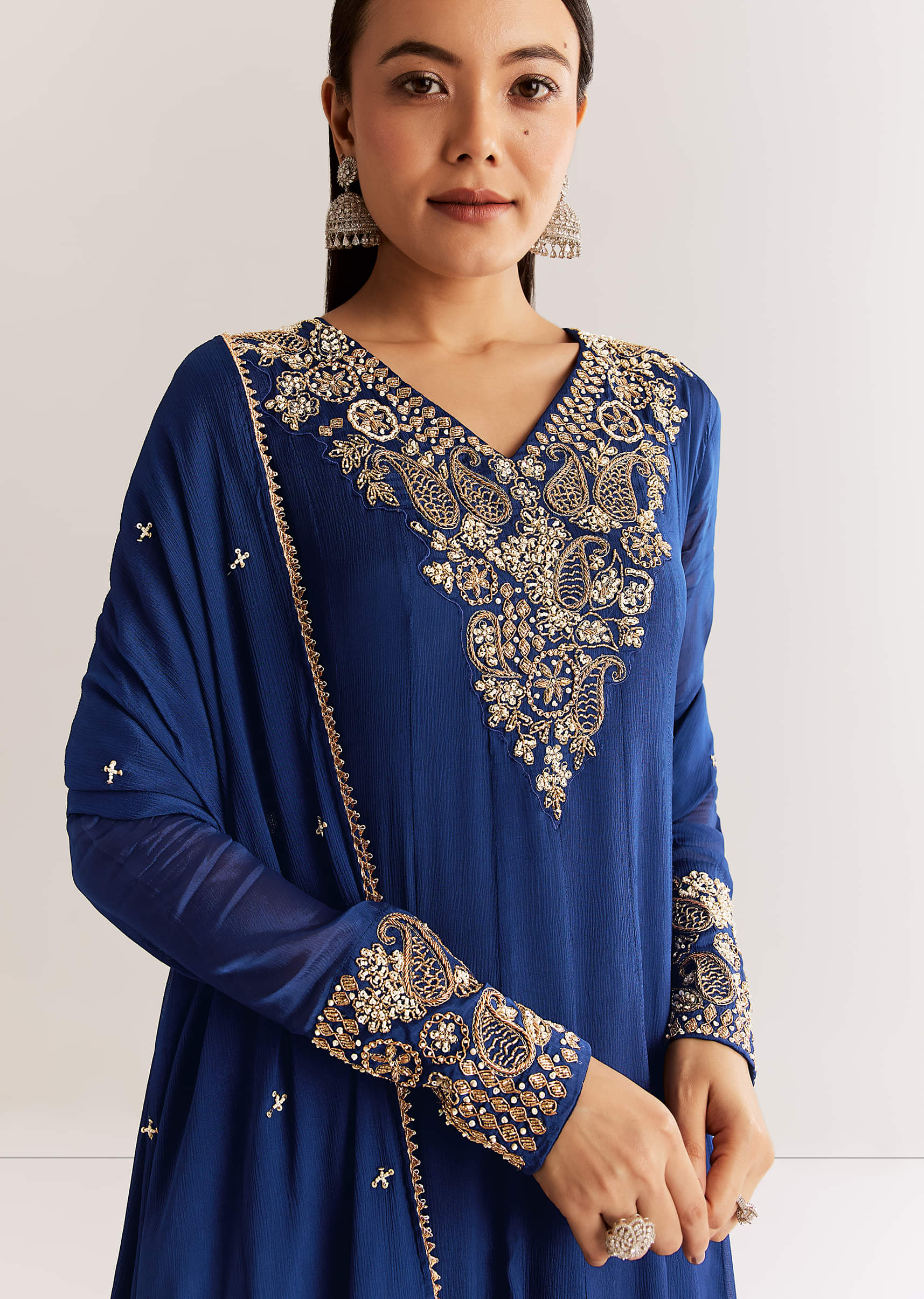 Navy Blue Chinon Anarkali Set With Cutdana Moti And Gotta Lace Dupatta