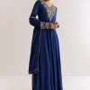Navy Blue Chinon Anarkali Set With Cutdana Moti And Gotta Lace Dupatta