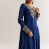 Navy Blue Chinon Anarkali Set With Cutdana Moti And Gotta Lace Dupatta