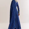 Navy Blue Chinon Anarkali Set With Cutdana Moti And Gotta Lace Dupatta