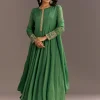 Green Chinon Kurta With Zardosi Moti Work On Neckline And Sleeves