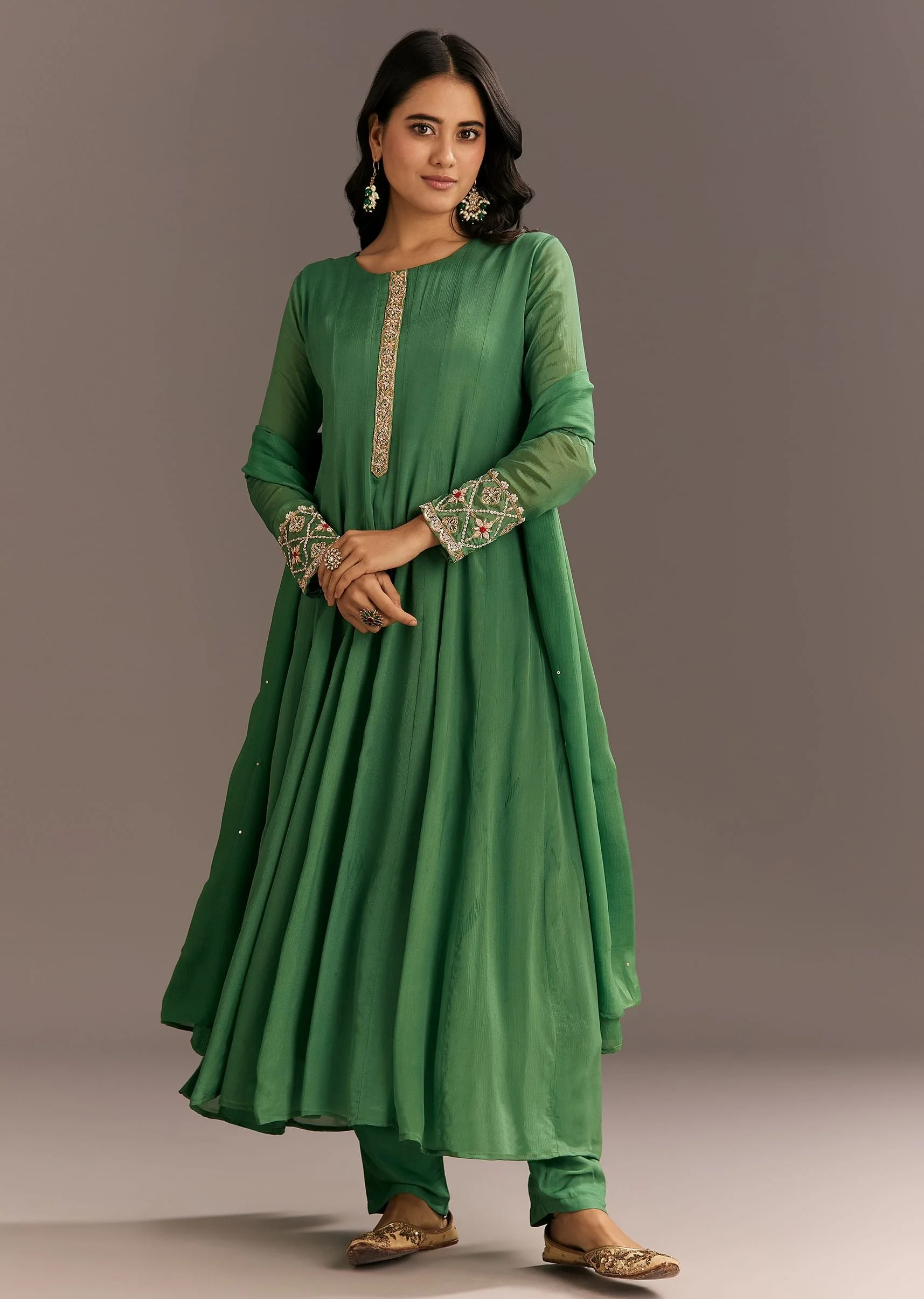 20613-green-chinon-kurta-with-zardosi-moti-work-on-neckline-and-sleeves-1.webp Green Chinon Kurta With Zardosi Moti Work On Neckline And Sleeves