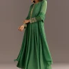 Green Chinon Kurta With Zardosi Moti Work On Neckline And Sleeves