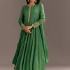 Green Chinon Kurta With Zardosi Moti Work On Neckline And Sleeves