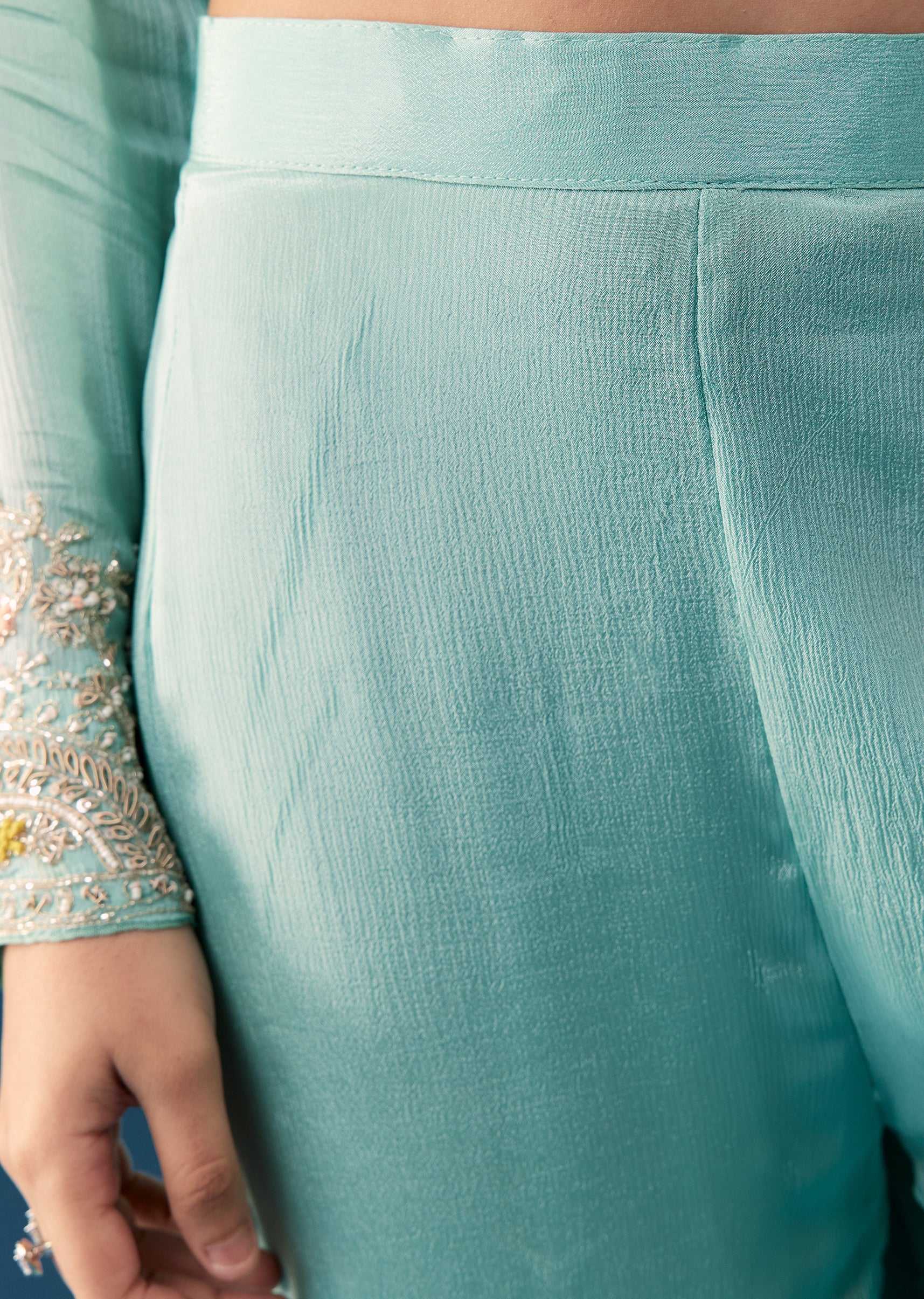 Sky Blue Chinon Anarkali Suit With Dupatta And Moti Cut Dana Work