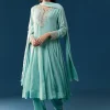 Sky Blue Chinon Anarkali Suit With Dupatta And Moti Cut Dana Work