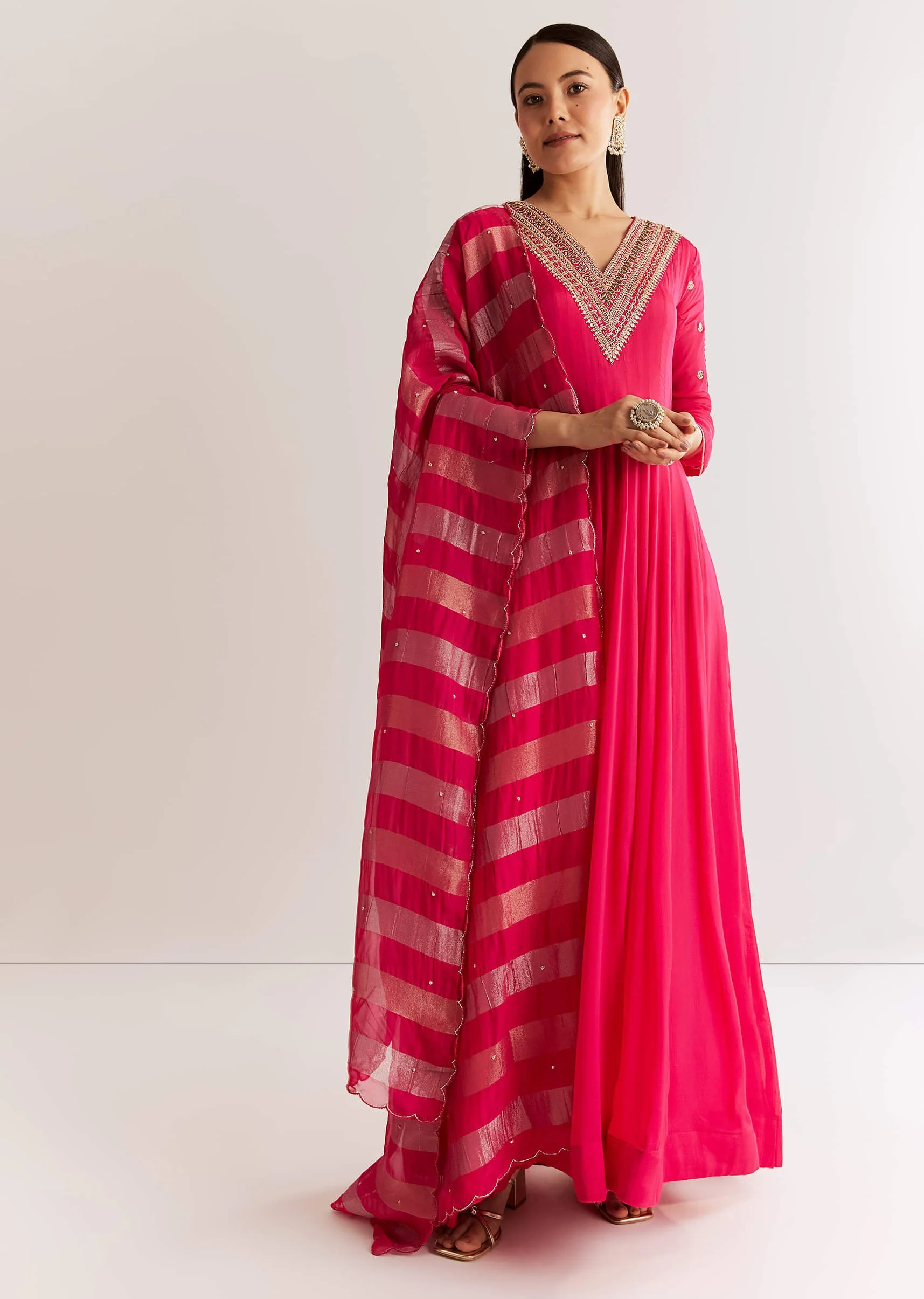 Pink Chinon Anarkali Set With Zardosi Sequins And Cutdana Work