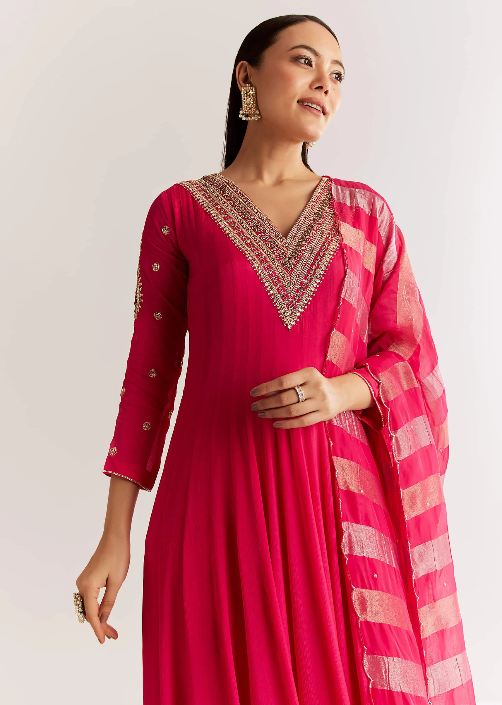 Pink Chinon Anarkali Set With Zardosi Sequins And Cutdana Work