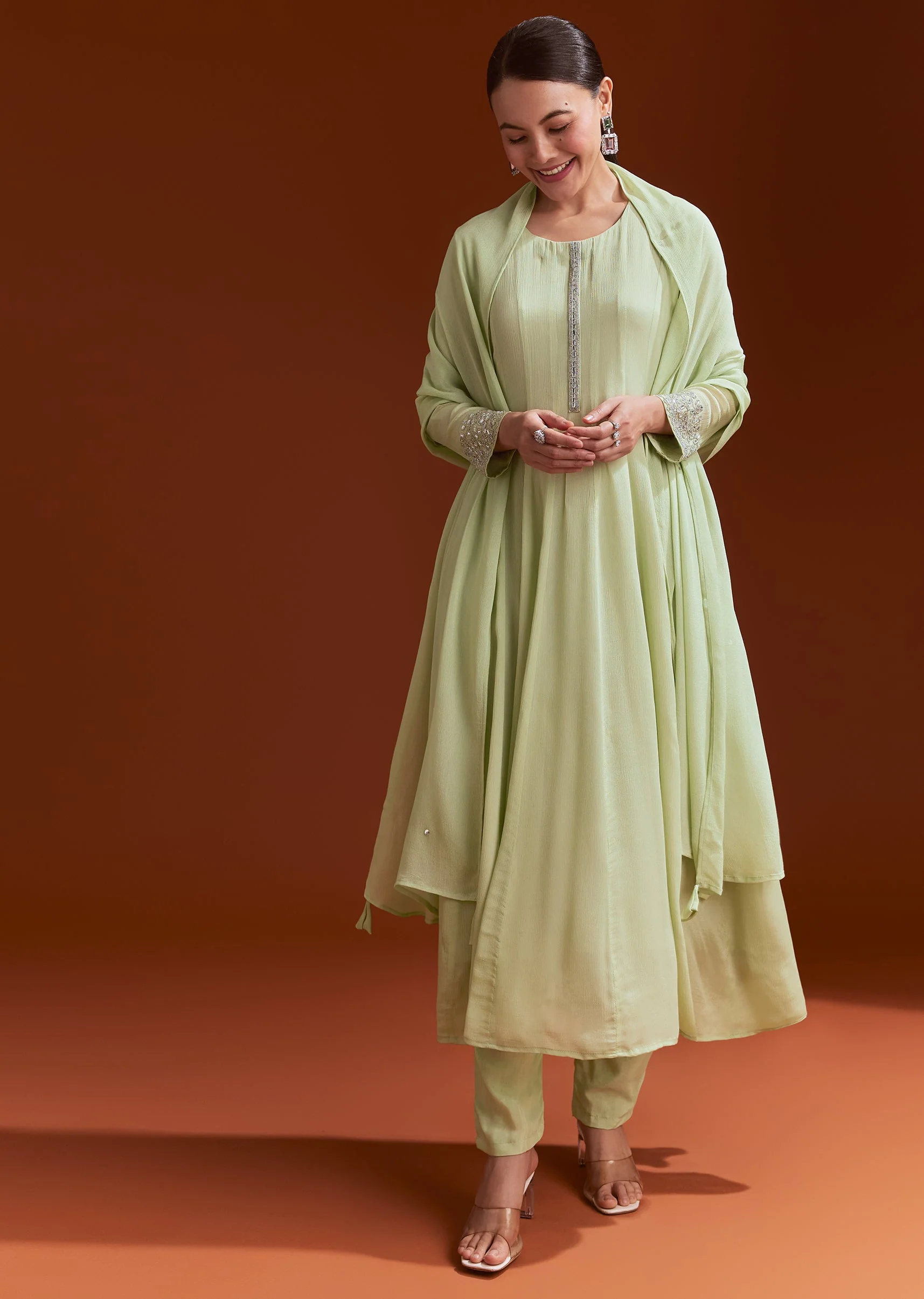 Pista Green Chinon Beaded Stone Work Anarkali Suit