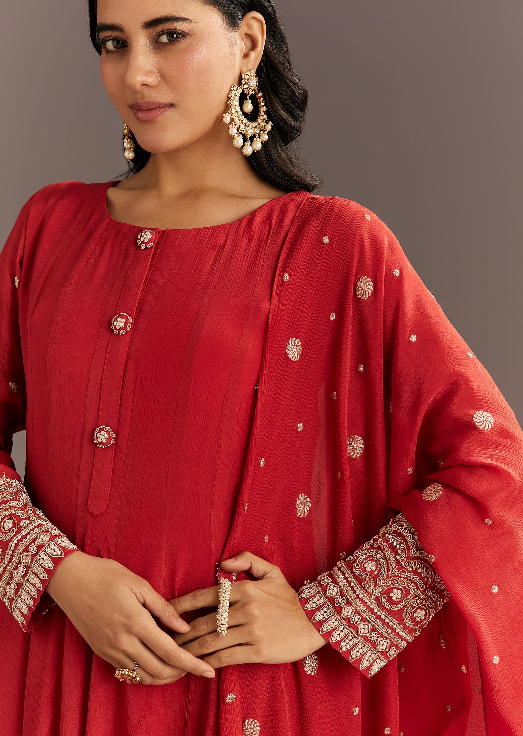 20668-deep-orange-chinon-kurta-with-zardosi-sleeves-and-butti-dupatta-2.jpg Deep Orange Chinon Kurta With Zardosi Sleeves And Butti Dupatta