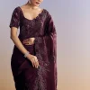 Wine Satin Saree With Heavy Floral Embroidery In Sequins And Cutdana