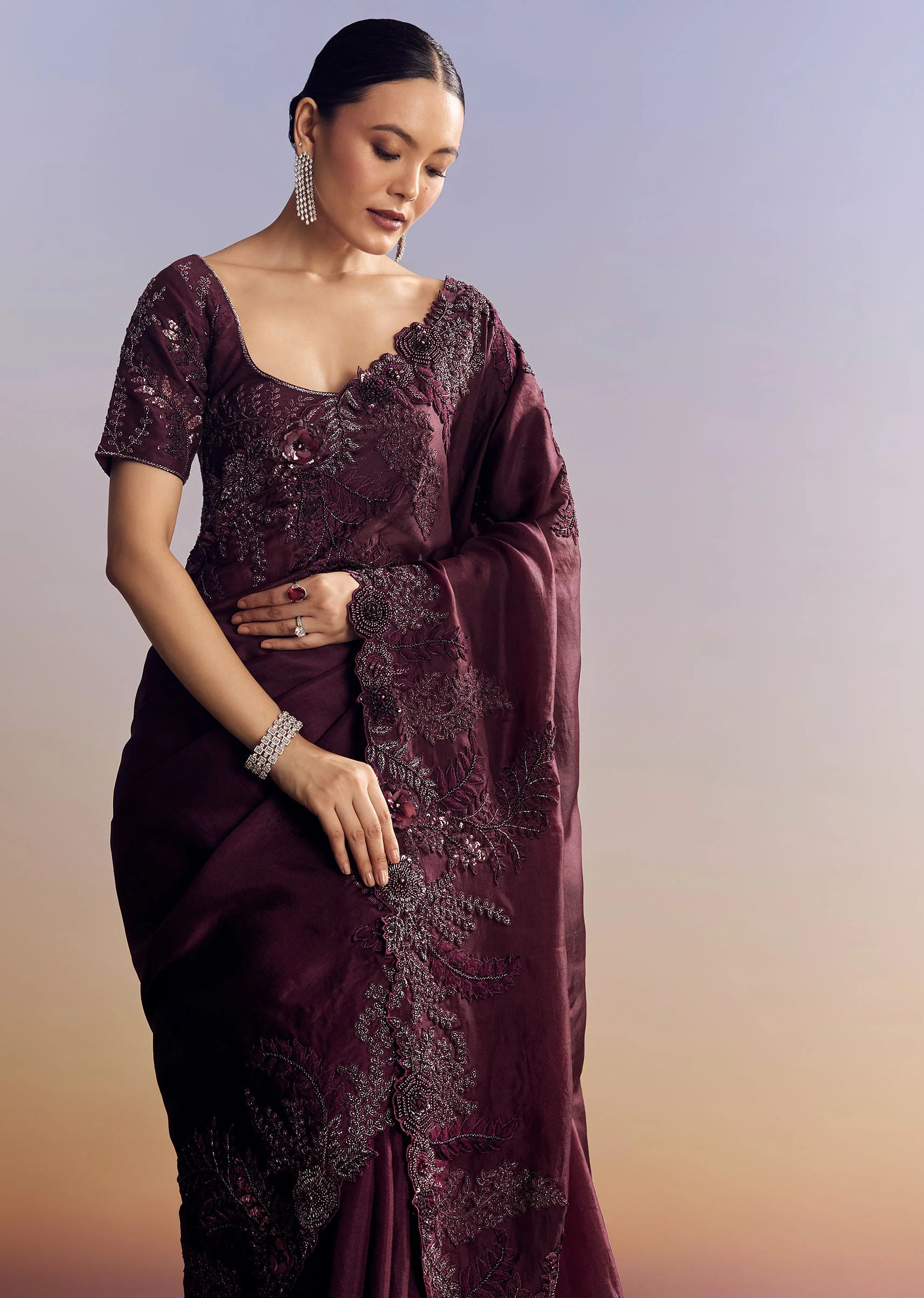 Wine Satin Saree With Heavy Floral Embroidery In Sequins And Cutdana