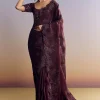 Wine Satin Saree With Heavy Floral Embroidery In Sequins And Cutdana