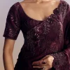 Wine Satin Saree With Heavy Floral Embroidery In Sequins And Cutdana