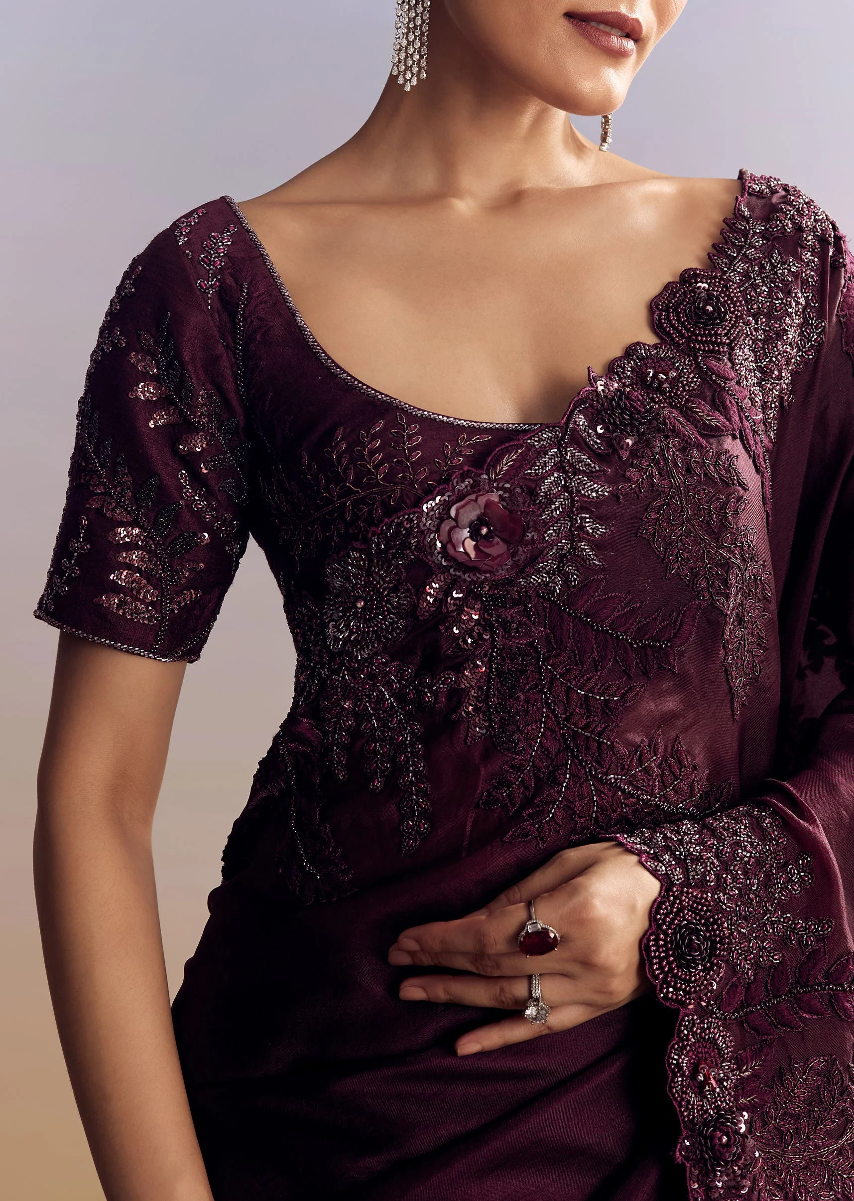 Wine Satin Saree With Heavy Floral Embroidery In Sequins And Cutdana