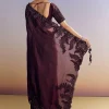 Wine Satin Saree With Heavy Floral Embroidery In Sequins And Cutdana