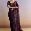 Wine Satin Saree With Heavy Floral Embroidery In Sequins And Cutdana