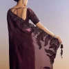 Wine Satin Saree With Heavy Floral Embroidery In Sequins And Cutdana