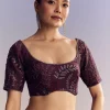 Wine Satin Saree With Heavy Floral Embroidery In Sequins And Cutdana
