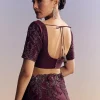 Wine Satin Saree With Heavy Floral Embroidery In Sequins And Cutdana