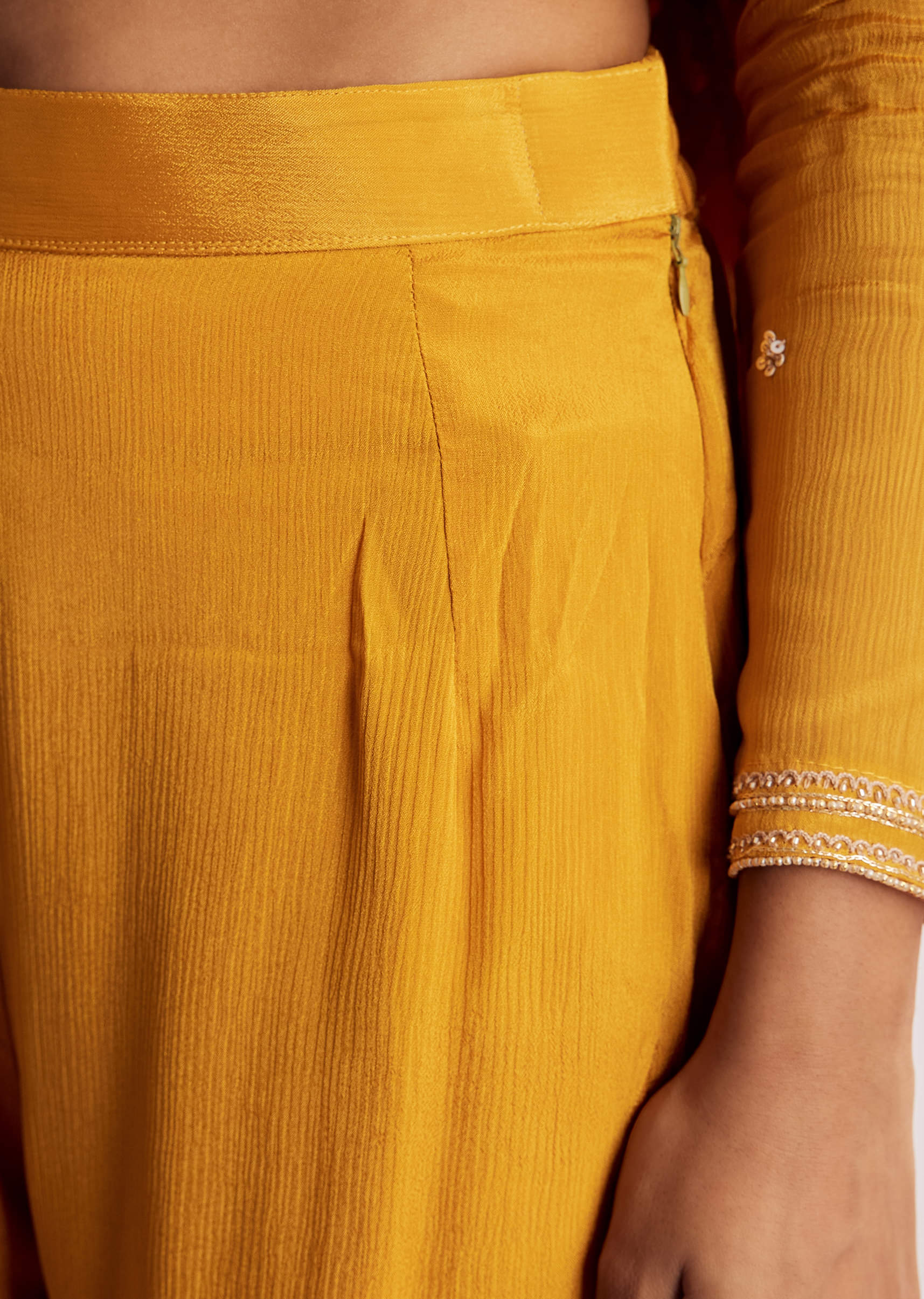 Yellow Chinon Anarkali Suit With Moti Sequins And Cutdana Dupatta