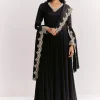 Black Chinon Anarkali Suit With Zardosi Work And Embroidered Dupatta