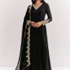 Black Chinon Anarkali Suit With Zardosi Work And Embroidered Dupatta