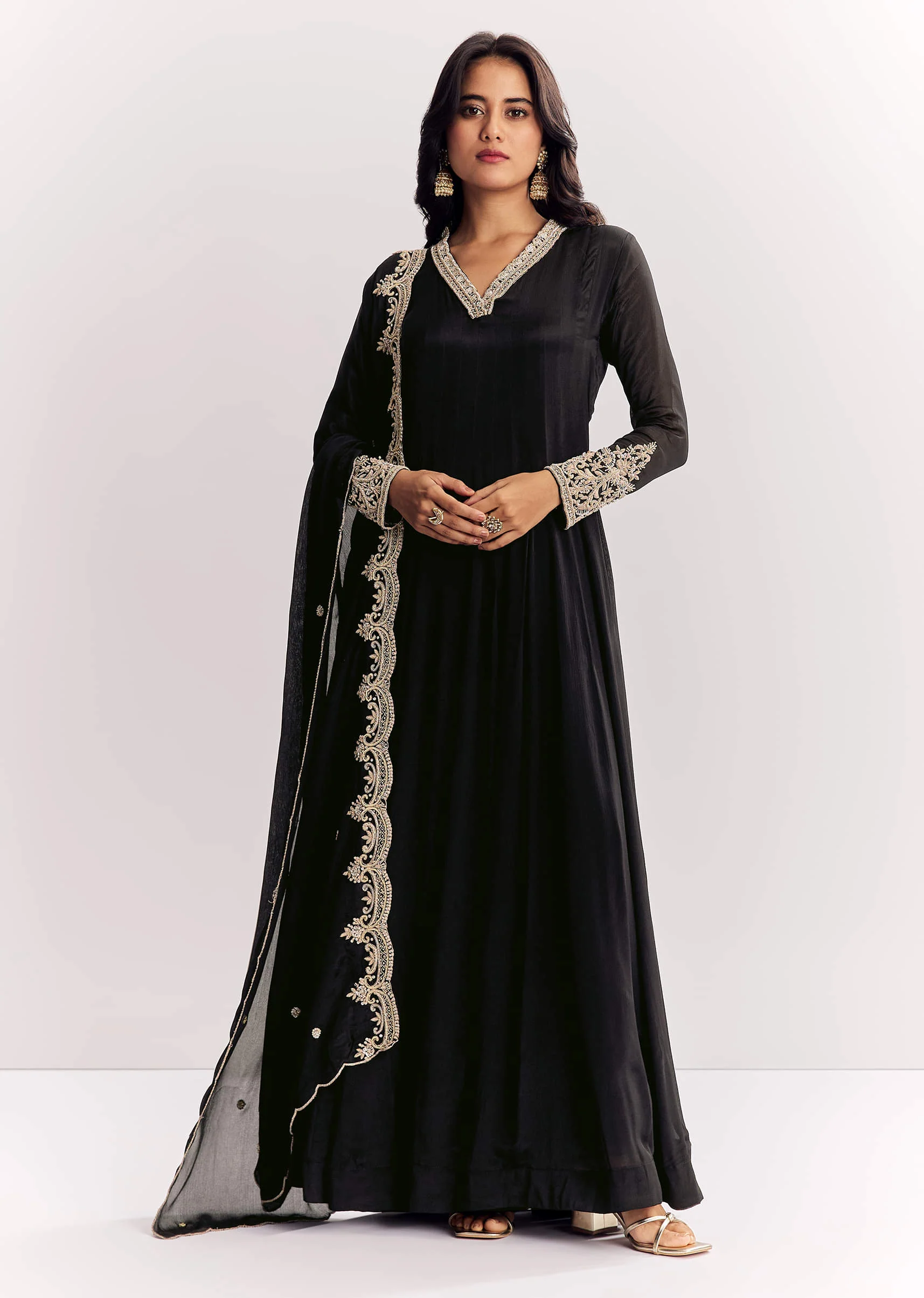 Black Chinon Anarkali Suit With Zardosi Work And Embroidered Dupatta