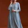 Misty Blue Chinon Anarkali Suit With Moti And Stone Work