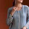 Misty Blue Chinon Anarkali Suit With Moti And Stone Work