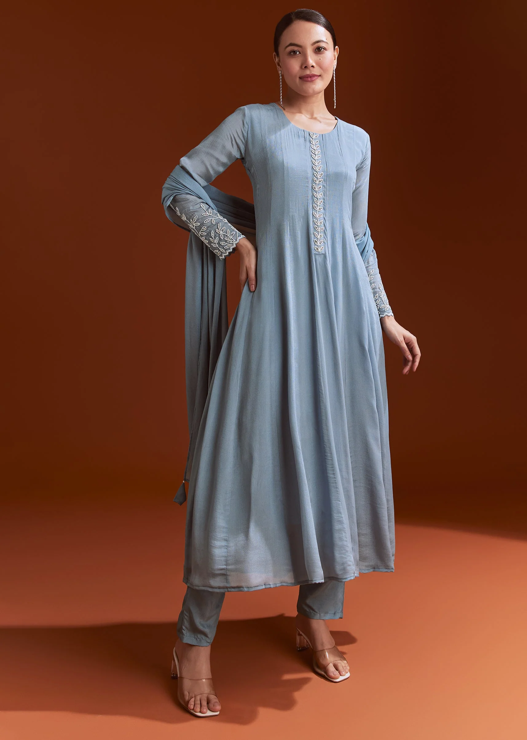 Misty Blue Chinon Anarkali Suit With Moti And Stone Work