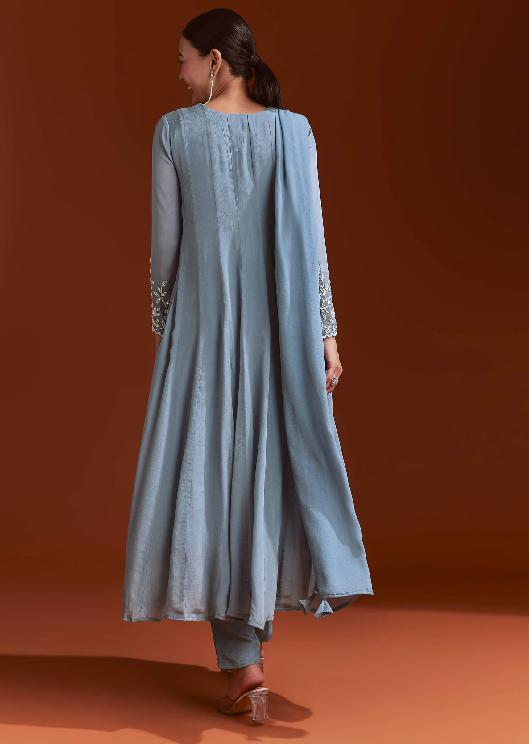 Misty Blue Chinon Anarkali Suit With Moti And Stone Work