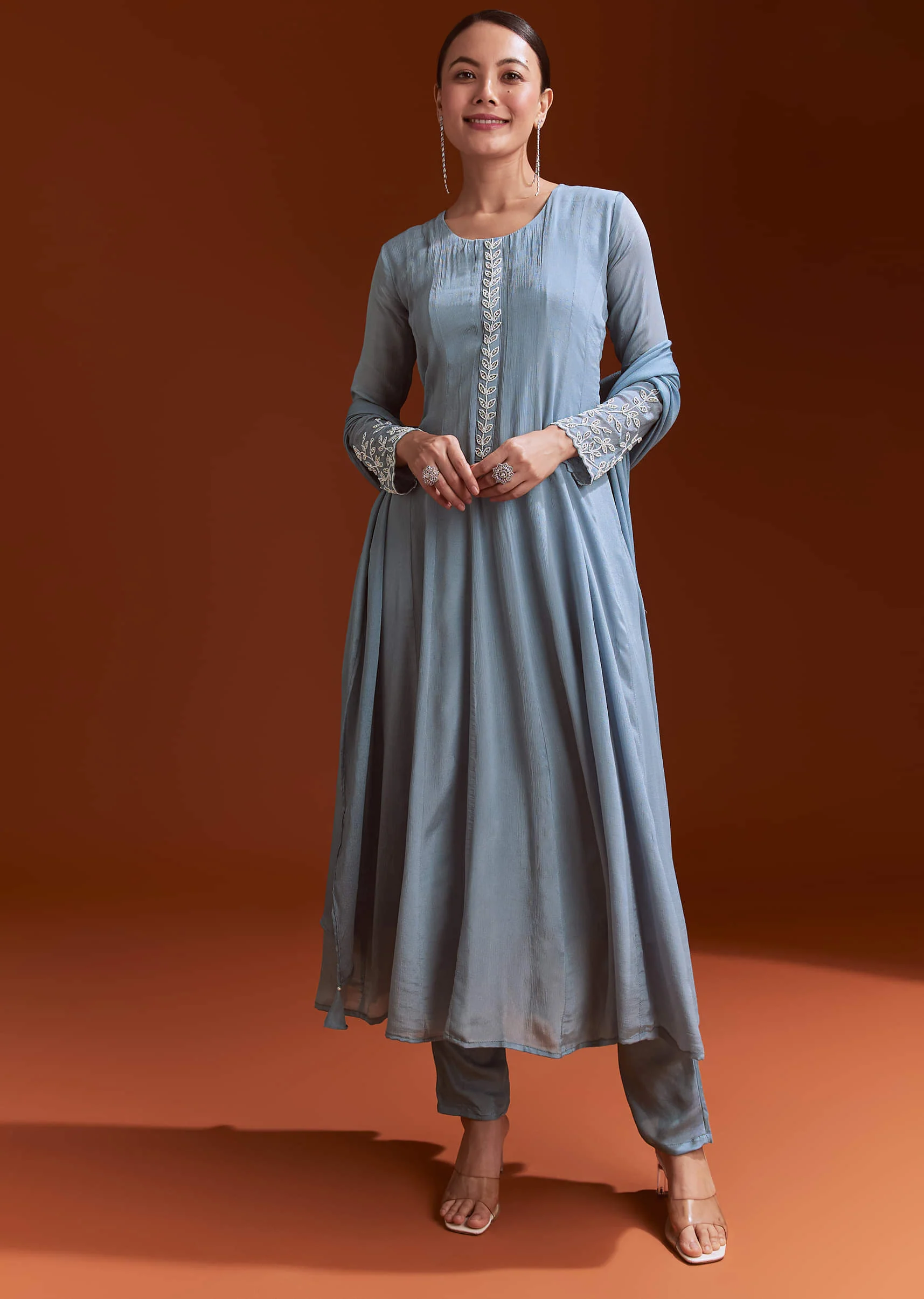 Misty Blue Chinon Anarkali Suit With Moti And Stone Work
