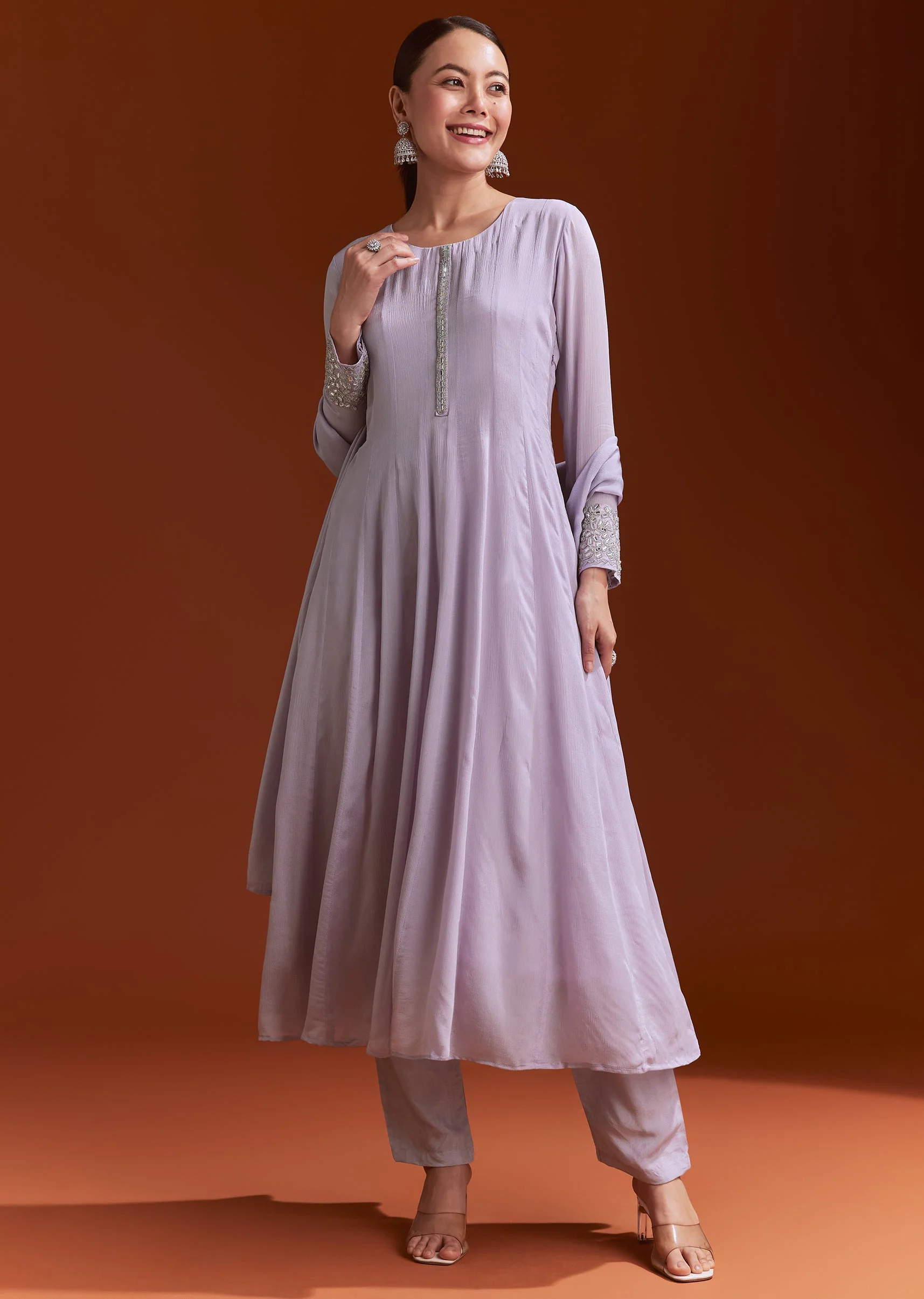 Lavender Chinon Anarkali Suit With Beads And Stone Work