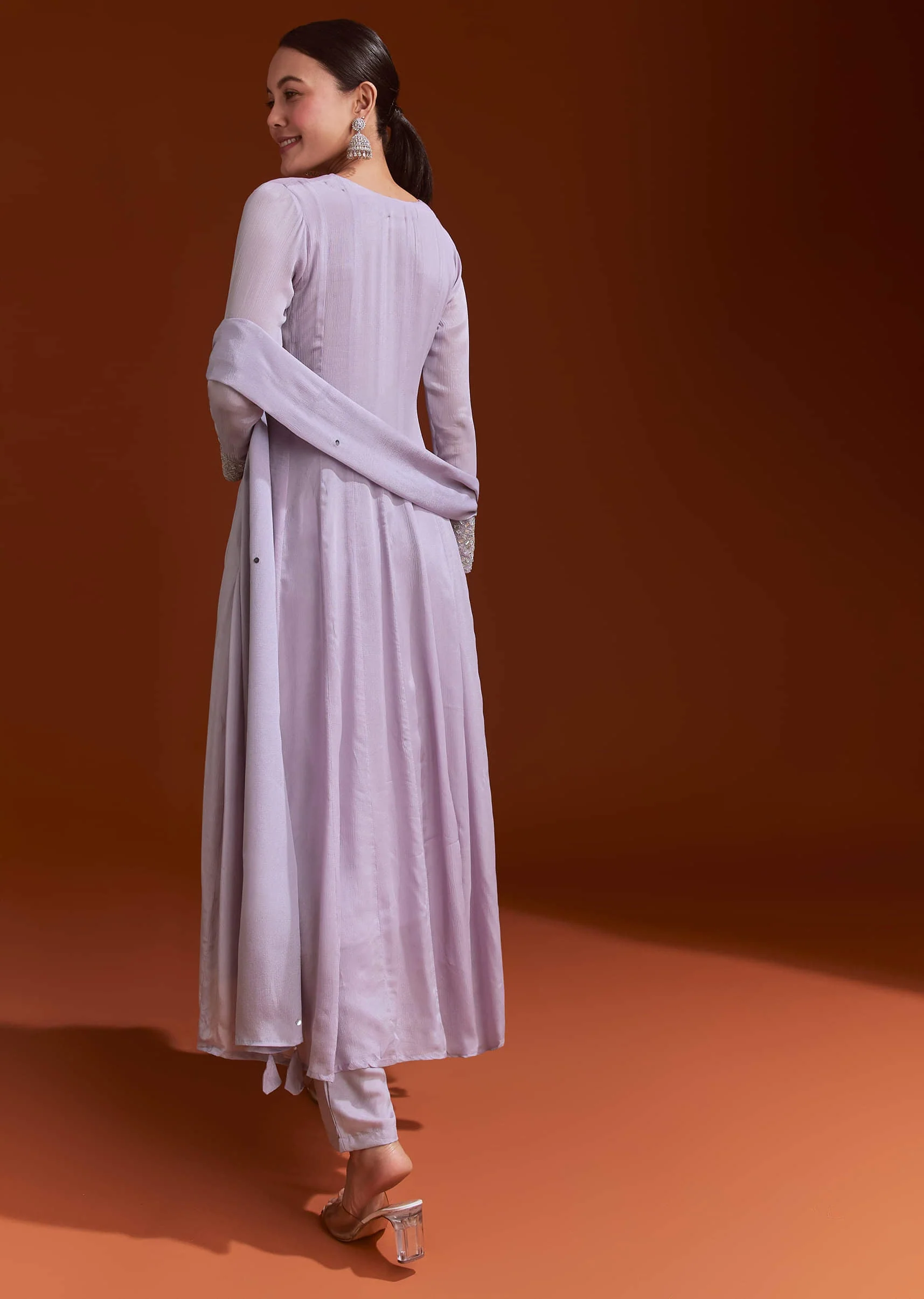 Lavender Chinon Anarkali Suit With Beads And Stone Work