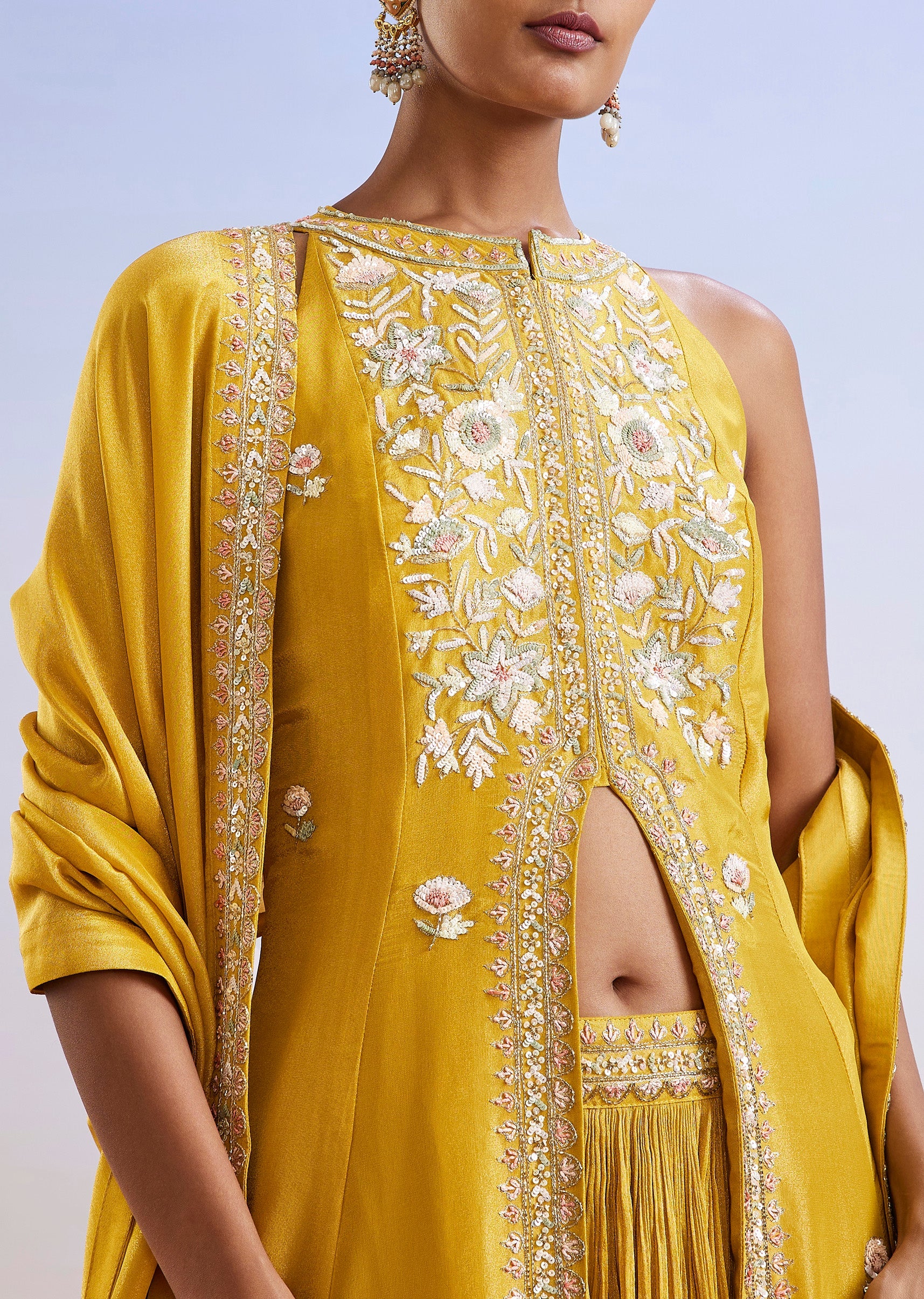 Yellow Sequins Embroidered Front Slit Anarkali Suit With Dupatta