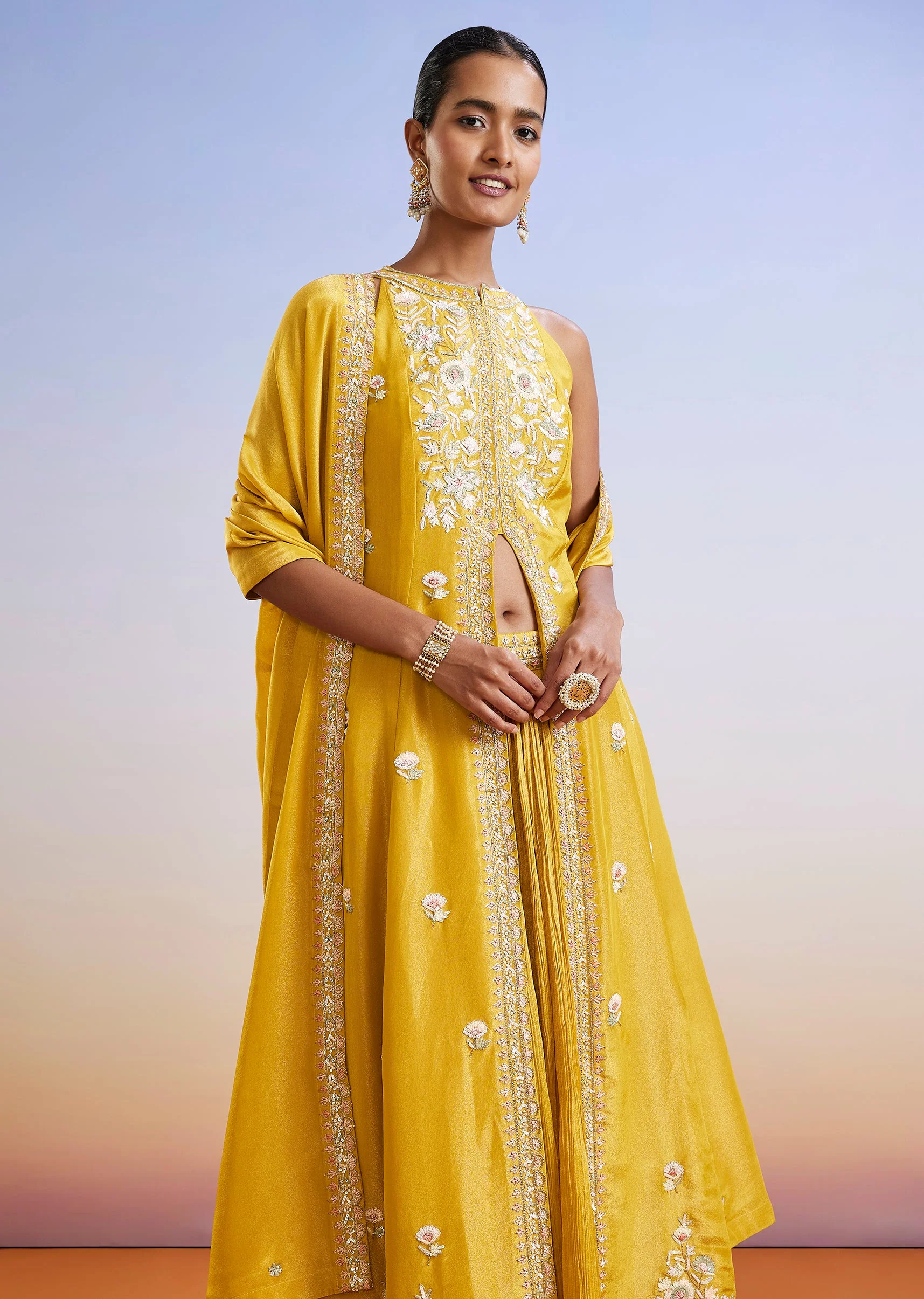 Yellow Sequins Embroidered Front Slit Anarkali Suit With Dupatta