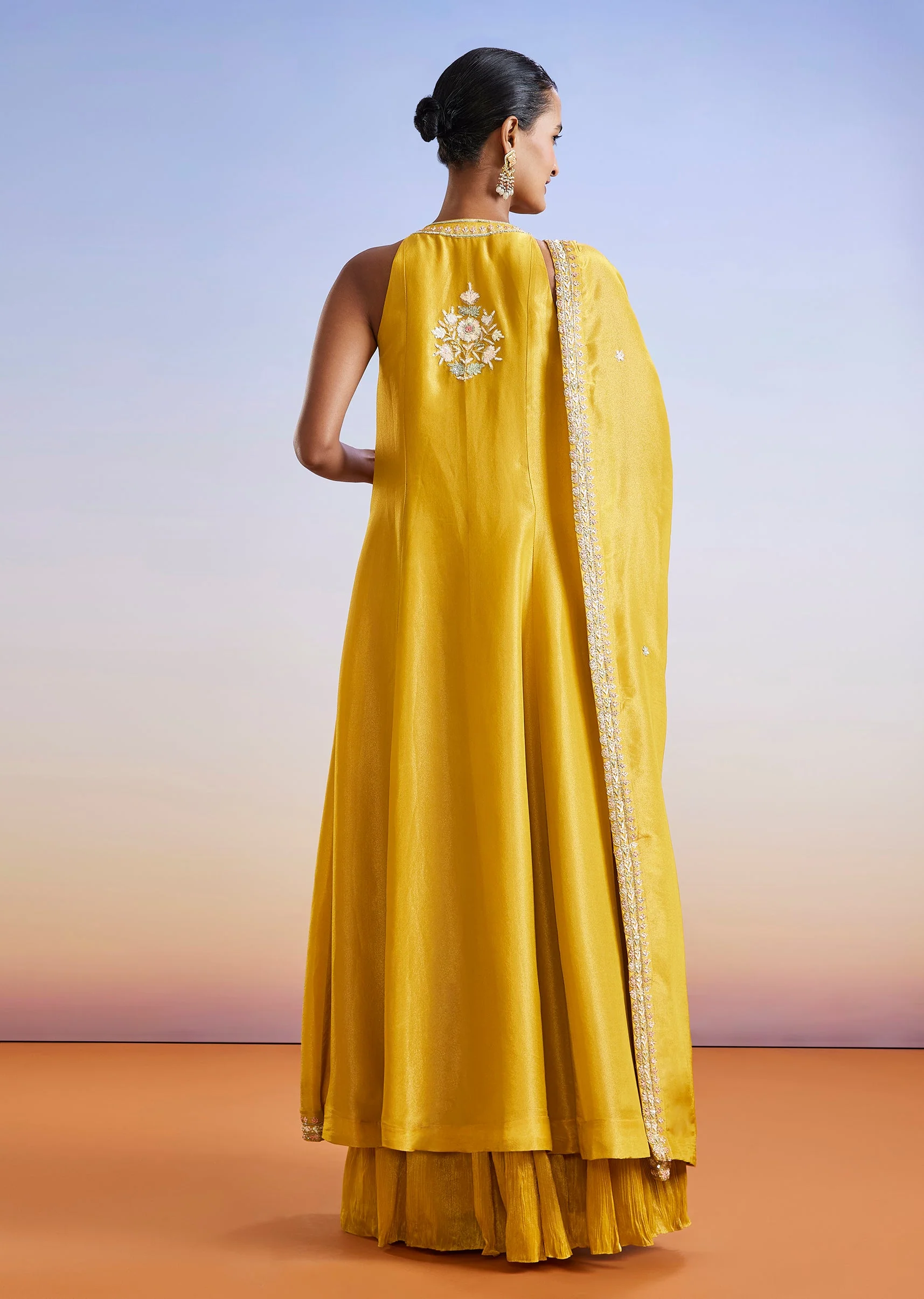 Yellow Sequins Embroidered Front Slit Anarkali Suit With Dupatta