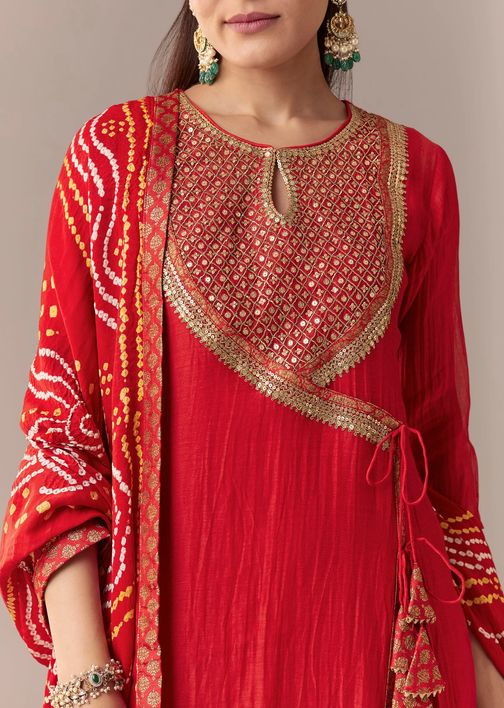 Red Angrakha Kurta Set With Bandhani Dupatta