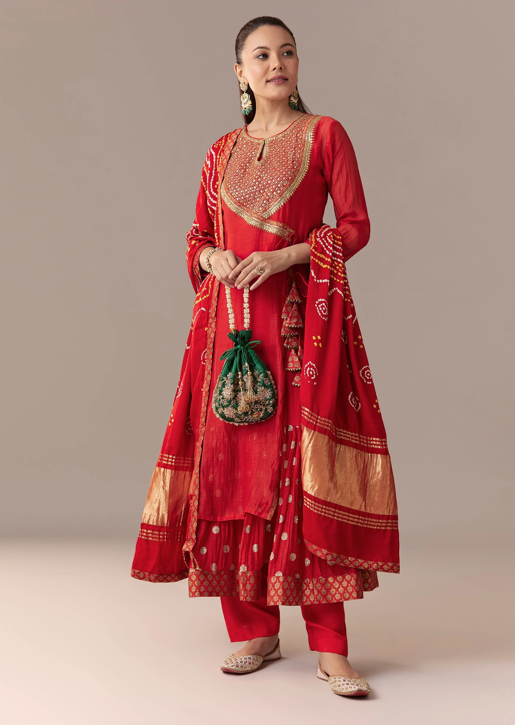 Red Angrakha Kurta Set With Bandhani Dupatta