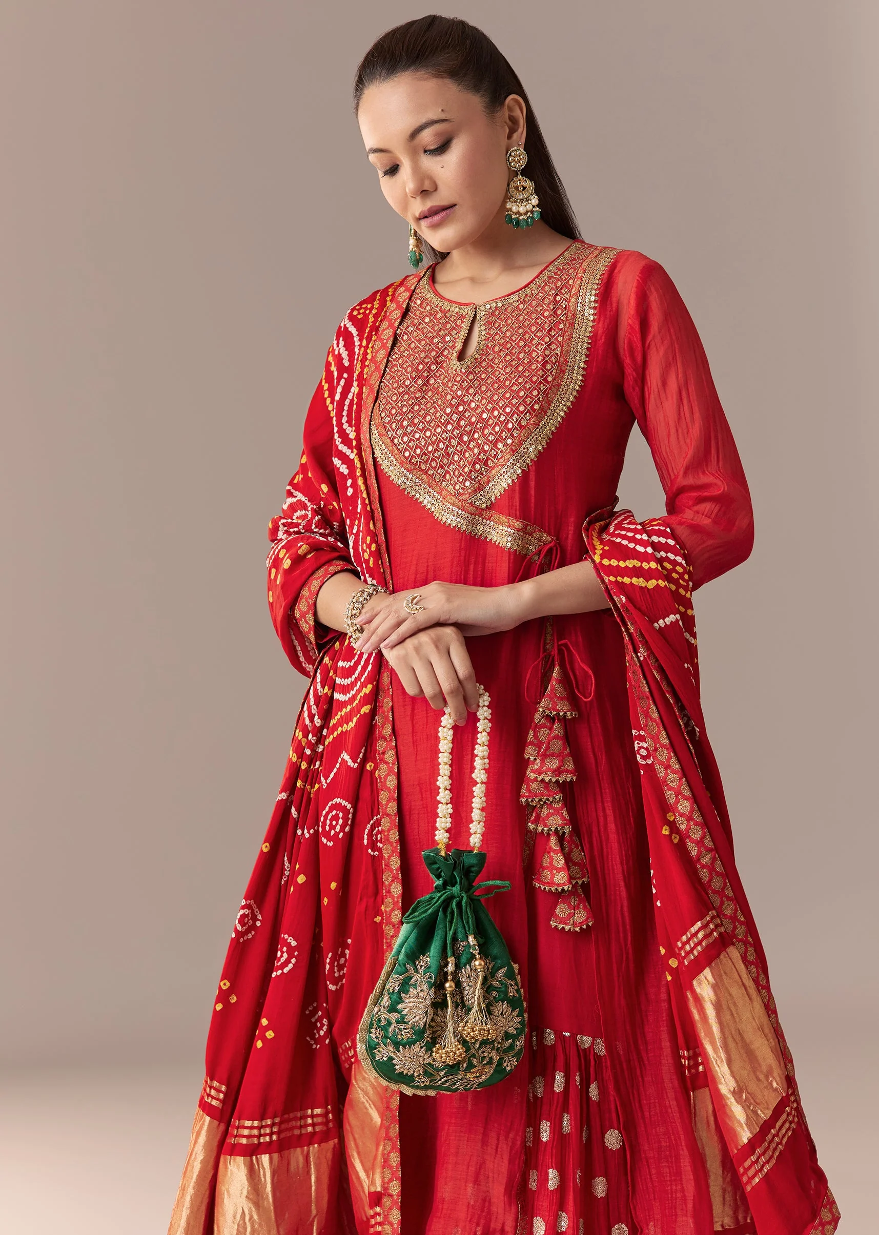 Red Angrakha Kurta Set With Bandhani Dupatta