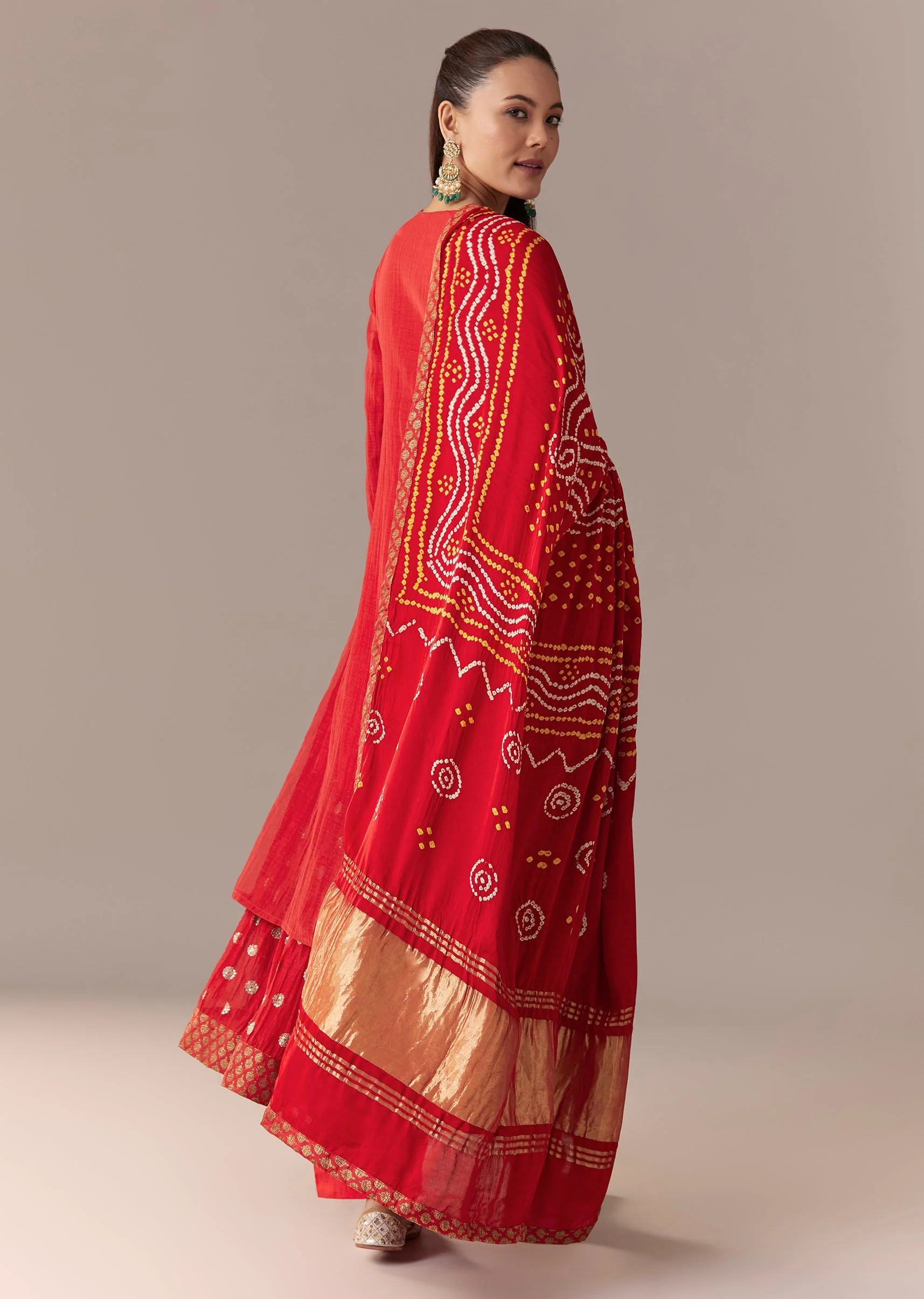 Red Angrakha Kurta Set With Bandhani Dupatta
