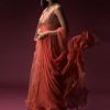 Coral Anarkali Suit With Geometric Shaped Mirror Accented Bodice And Fun Layered Hemline