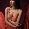 Coral Anarkali Suit With Geometric Shaped Mirror Accented Bodice And Fun Layered Hemline